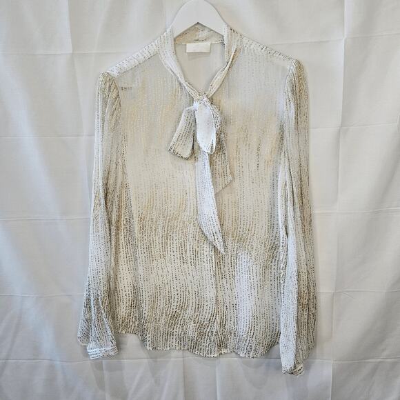 7 For All Mankind Tie Front Blouse Sheer Button Up White Gold Large - Picture 1 of 11